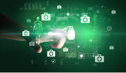 Fototapeta premium Doctor hand pressing futuristic health device with medical symbol on screen