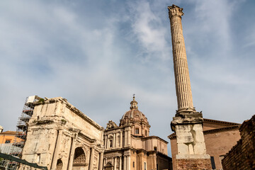 Close up view on church of Santi Luca e Martina Via della Curia and Arch of Septimius Severus at...