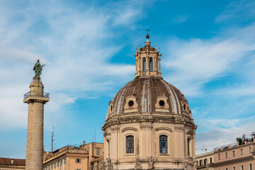 Fototapeta na wymiar The view on dome of the Santa Maria di Loreto church and dome of the Church of the Most Holy Name of Mary at the Trajan Forum. Landmark in the city of Rome, Lazio, Italy, Europe