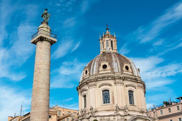 Obraz premium The view on dome of the Santa Maria di Loreto church and dome of the Church of the Most Holy Name of Mary at the Trajan Forum. Landmark in the city of Rome, Lazio, Italy, Europe