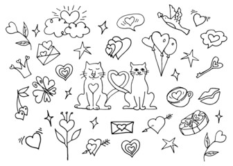 Set of doodles for lovers, wedding and Valentine's Day. Sketchy hand drawn doodle cute cartoon elements isolated on white background