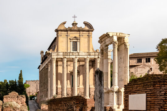 Panoramic close up view of the Antoninus and Faustina Temple in the Roman Forum (Foro Romano) in the city of Rome, Lazio, Italy, EU Europe. Ancient ruins of the Roman Temple on Via Sacra. Culture trip