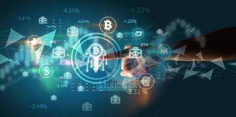 Fototapeta premium Business person hand pushing currency symbol on multimedia touch screen