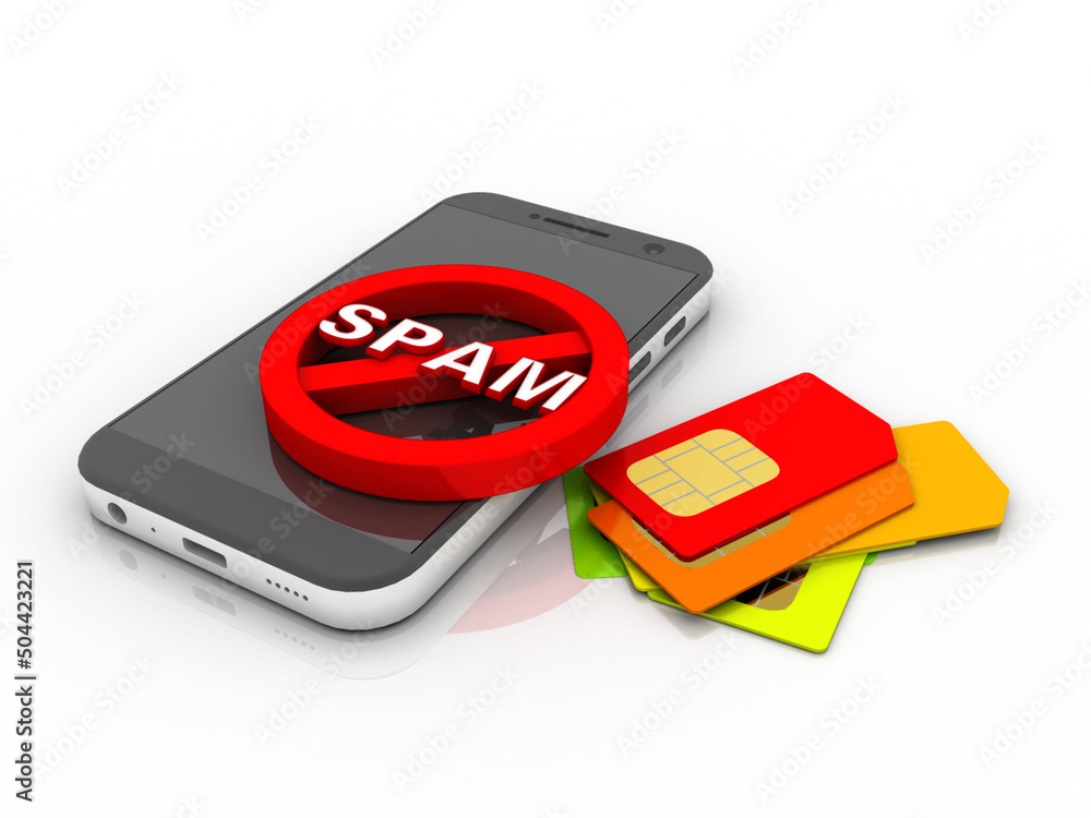 Poster 3d render sim with spam sign on mobile
