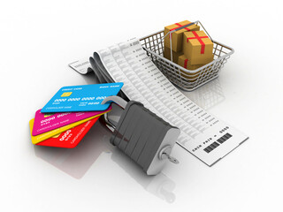 3d rendering  credit or debit card protection lock with card box on trolley
