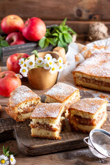 Clasic sponge cake, selective focus. Homemade pie on wooden background
