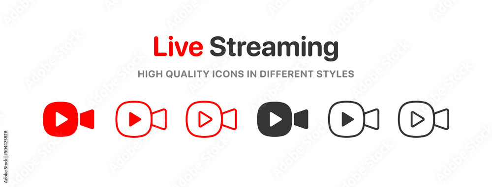 Poster Live streaming icon set. Set of live stream icons. Set of video broadcasting icon.. Button, red symbols for TV, news, movies, shows. Online stream icons.