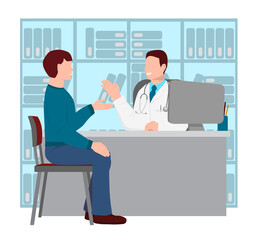 Male doctor is sitting at a table. Young man is sitting on a chair. Guy at a doctor's appointment. Doctor talking to patient. Flat vector cartoon illustration.