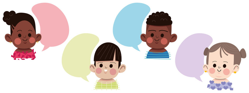 Groupe multiculturel d'enfants de classe maternelle en pleine discussion avec une bulle de conversation, amiti&eacute; et diversit&eacute;, &eacute;cole et &eacute;ducation, illustration de personnages mignons, vecteur &eacute;ditable