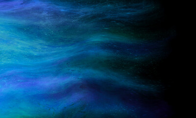 Abstract colorful blue green light of nebula cosmo stardust flowing isolated on black background in concept space, science, universe
