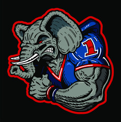 angry elephant mascot wearing football jersey for school, college or league