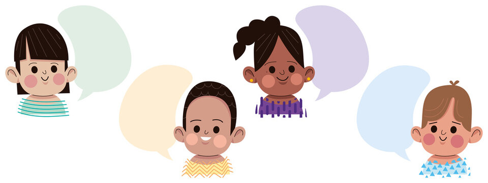 Groupe de jeunes enfants qui discutent avec une bulle de conversation, dessin anim&eacute; mignon et tendre, amiti&eacute; et diversit&eacute;, illustration pour livre scolaire et &eacute;ducation