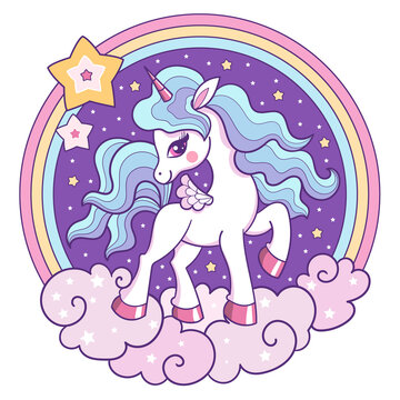 Cute unicorn, with clouds, stars and a rainbow. Vector illustration of a circle shape on a white background.For children's design of prints, posters, stickers, embroidery, design, decor, t-shirts, tab
