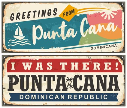 Punta Cana retro greeting card souvenir sign from Dominican Republic. Travel and vacation to tropical destinations vintage signs set. Dominicana  vector illustration.