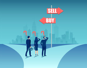 Vector of confused businesspeople standing at crossroads with buy sell signs - obrazy, fototapety, plakaty