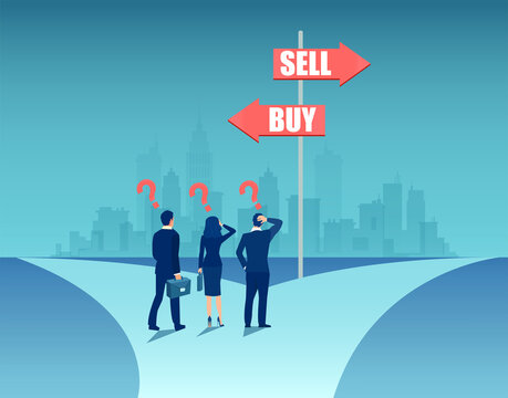 Vector of confused businesspeople standing at crossroads with buy sell signs