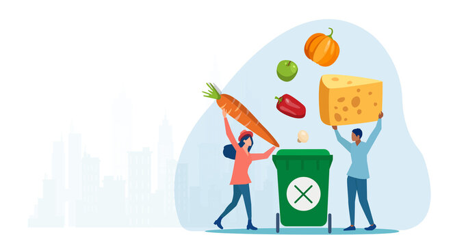 Food waste. Vector of a man and a woman throwing away food