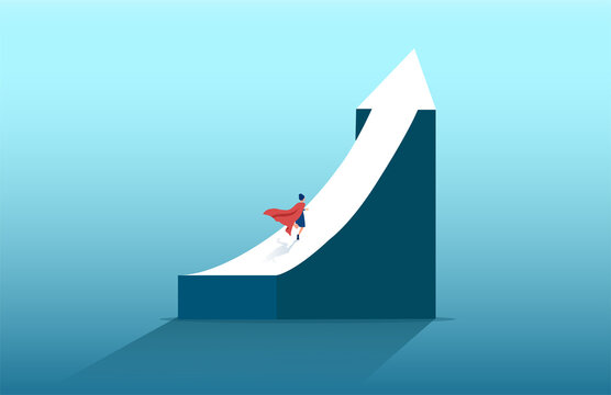 Vector of a super businesswoman running to the top of the arrow