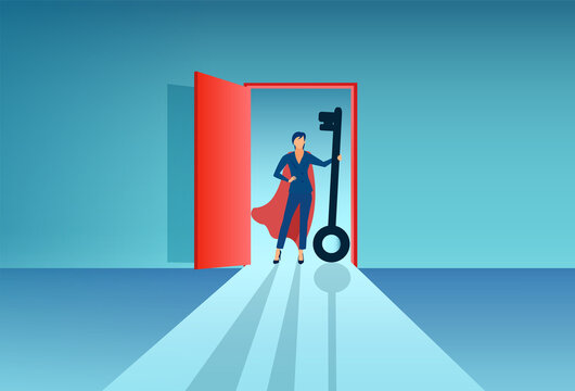 Vector of a super hero businesswoman opening a door with a big key