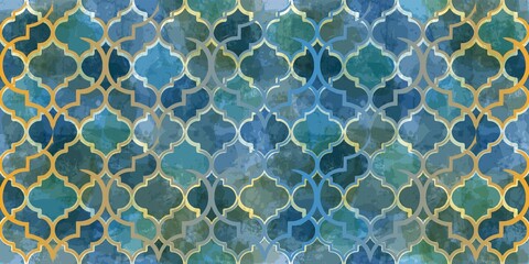 Obraz premium Moroccan Seamless Pattern. Turkish Mosque Window Shape. Arabic Mosaic Watercolor Ornament Background. Eid Mubarak Muslim Decoration. Ramadan Kareem Islamic Illustration
