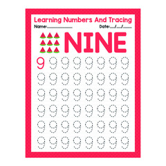 Back To School Learning Number Nine And Tracing Beginning Math Worksheet For Preschool Kid Activity Sheet Pre K