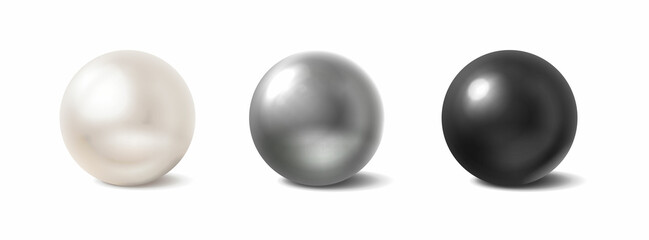 3d realistic vector icon set of pearls. White, grey and black. Isolated on white background.