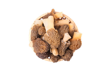 Morel mushrooms in a wicker basket, top view. isolate on a white background