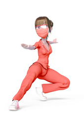 nurse cartoon doing a combat fighter pose in white background
