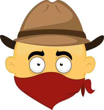 Vector illustration of the head of a yellow cartoon bandit character, with a cowboy hat and a red bandana on his face