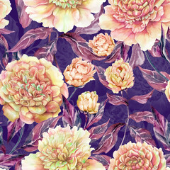 Beautiful yellow peony flowers with red leaves on violet background. Seamless floral pattern. Watercolor painting. Hand drawn illustration.