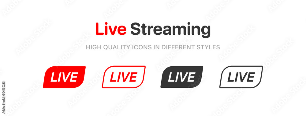 Poster Live streaming icon set. Set of live stream icons. Set of video broadcasting icon.. Button, red symbols for TV, news, movies, shows. Online stream icons.