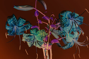abstract dark flowers, negative image, garden bouquet on a dark brown background.