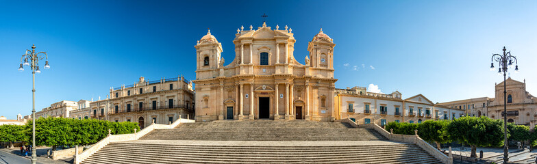 Widescreen panorama shot of ancient beautiful baroque cathedral in Noto (Cattedrale di San...