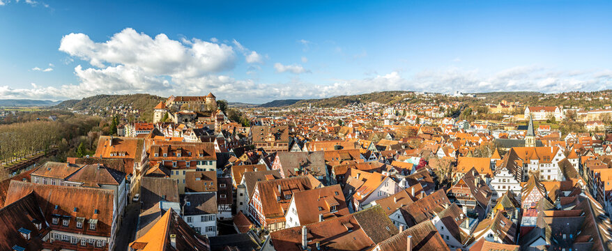 Widescreen high-res panorama shot of the old town and castle of Tübingen in Southern Germany