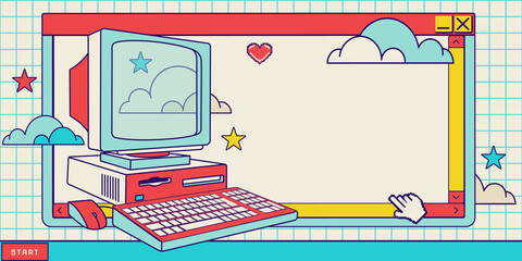 Retro computer banner with copy space, fun nostalgia desktop interface. Horizontal Back to 90's banner with desktop elements and quote space for text.