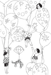 Funny Birthday Party coloring page for children. Doodle style, vector contour