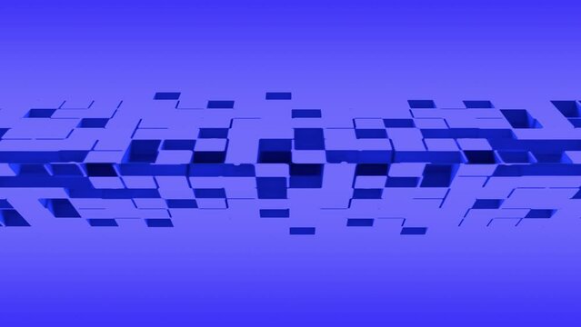 Blue cubic particles form a shutters that closes green screen and transparent background. High tech and Nanotech concept. 3D animated outro. Alpha channel ProRes 4444 in 4k UHD, color id mask.
