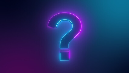 Big question mark sign. Neon colored digital 3D big question illustration. Cyberspace questions ask doubts and confusing problems. 3D computer generated image. - obrazy, fototapety, plakaty