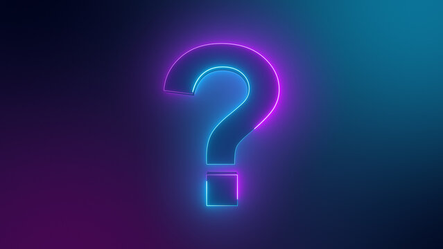 Big question mark sign. Neon colored digital 3D big question illustration. Cyberspace questions ask doubts and confusing problems. 3D computer generated image.