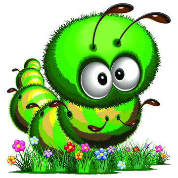 Fluffy Caterpillar Worm Bug Funny Cartoon Character among spring Flowers and moving on green grass, Vector illustration isolated on White