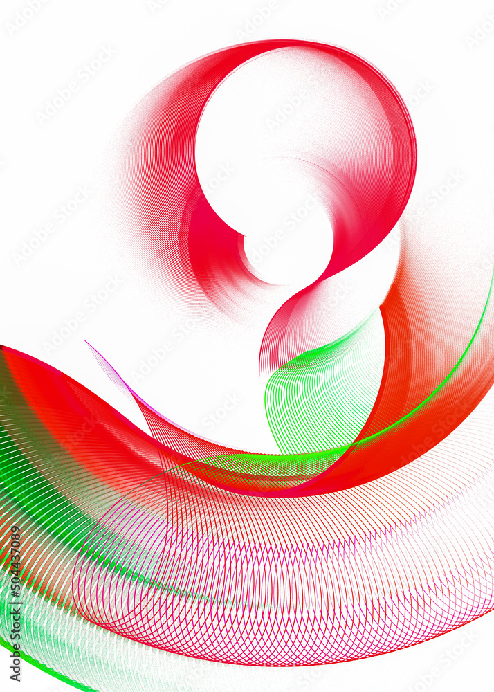 Poster The red and green lines curve beautifully and create swirling elements against the white background. Abstract fractal background. 3d rendering. 3d illustration.
