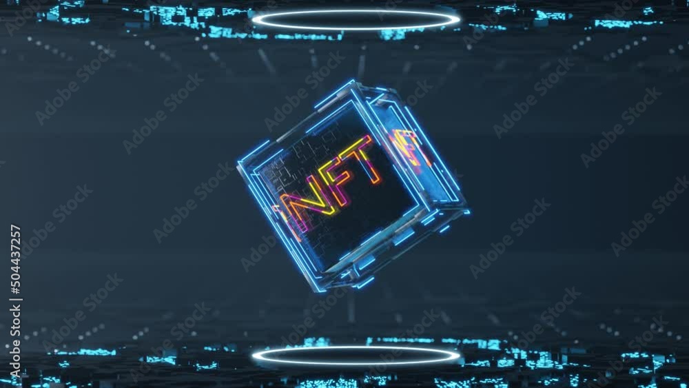 Poster nft crypto art . rotation of technological cube with neon nft inscription.. seamless animation.