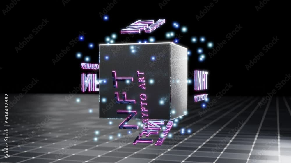 Poster nfts non-fungible token digital files underpinned by blockchain technology. rotating abstract block 