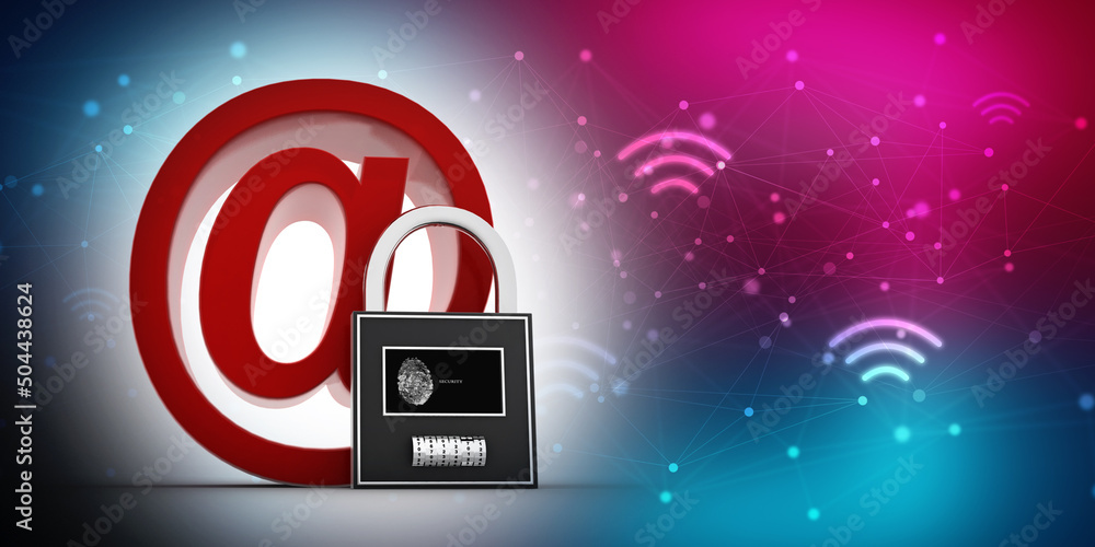 Poster 3d rendering e-mail symbol with lock. internet security concept