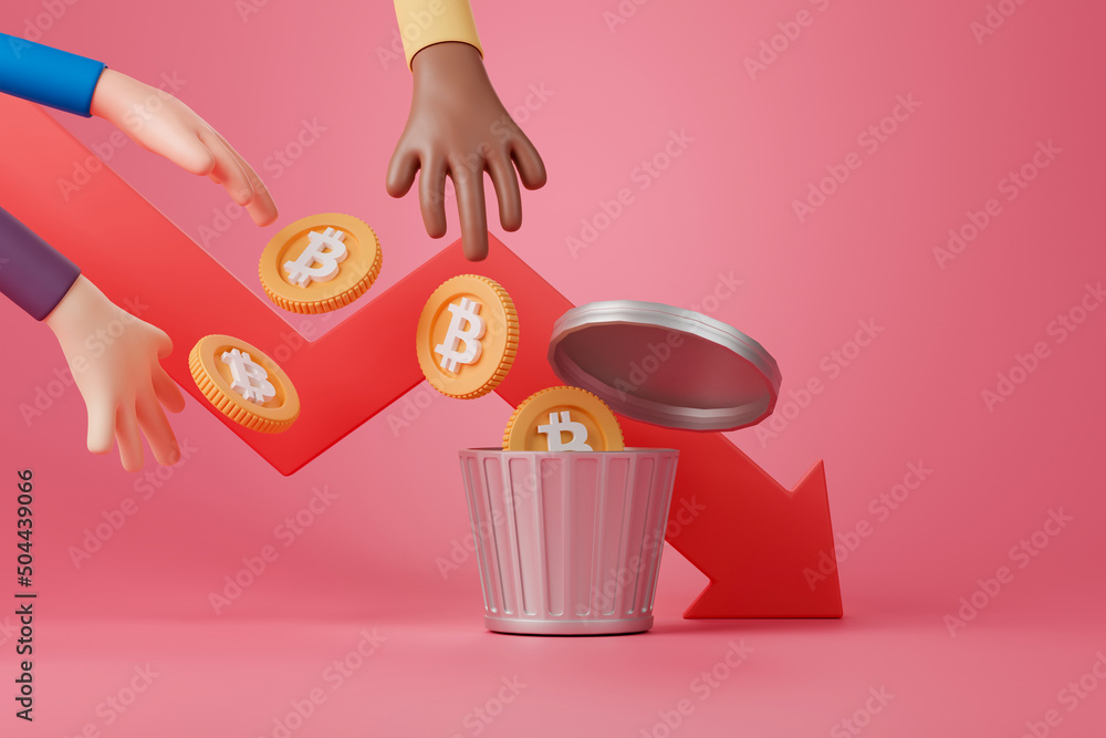 Poster 3d rendering cryptocurrency price collapse crisis. people throw bitcoin into trash can with red down