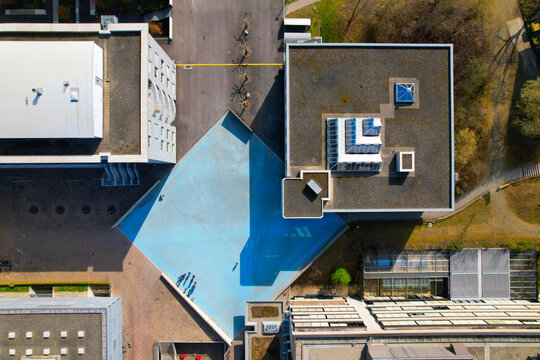 Aerial view of University of Z&uuml;rich campus Irchel on a sunny spring day. Photo taken March 21st, 2022, Zurich, Switzerland.