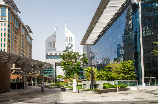 Dubai, UAE - April 17, 2022: DIFC Gate Avenue, ICD Brookfield Place, Jumeirah Emirates Towers.