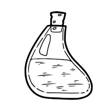 Witch poison bottle vector outline, fiola for magic, making potion, simple hand drawn doodle, black and white illustration for halloween celebration
