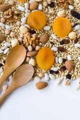 Uncooked Traditional Ashura or Noah's Puding ingredients,background with wooden spoons