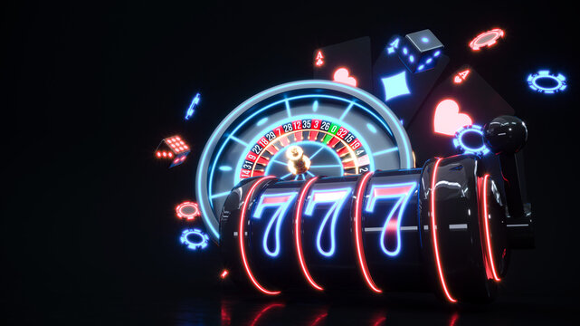Neon casino background with casino roulette and slot machine with 777, playing cards, falling chips, online casino banner, modern black casino gambling background 3d rendering.